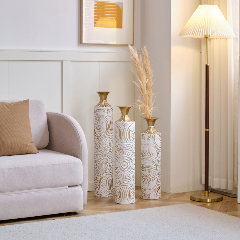 Floor Metal Vases Decorated Metal Vases (Set of 3) Gorgeous Home Decoration Large Glazed Metal Vases - White / Gold
