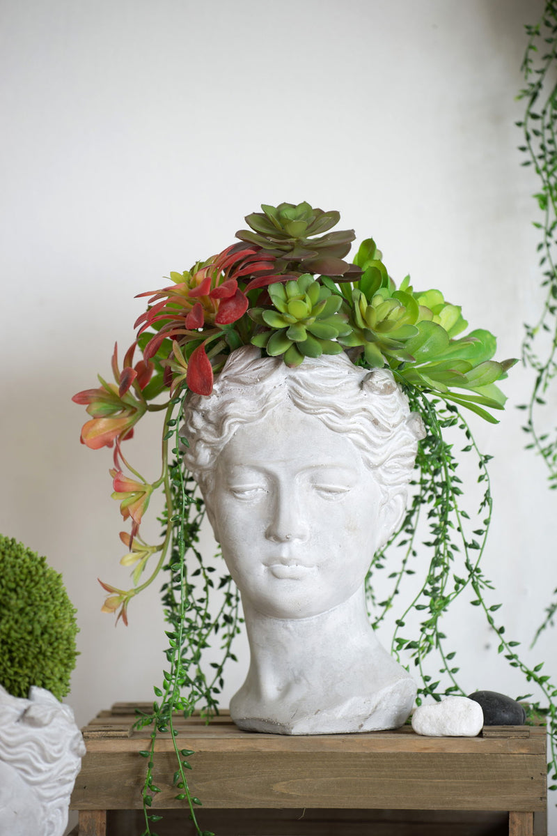Greek Style Cement Head Planter Indoor Outdoor Home, Garden Decor - Gray