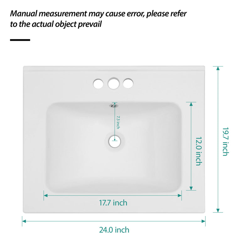 Modern Rectangular Single Vanity Top With Overflow And 3 Faucet Holes - White