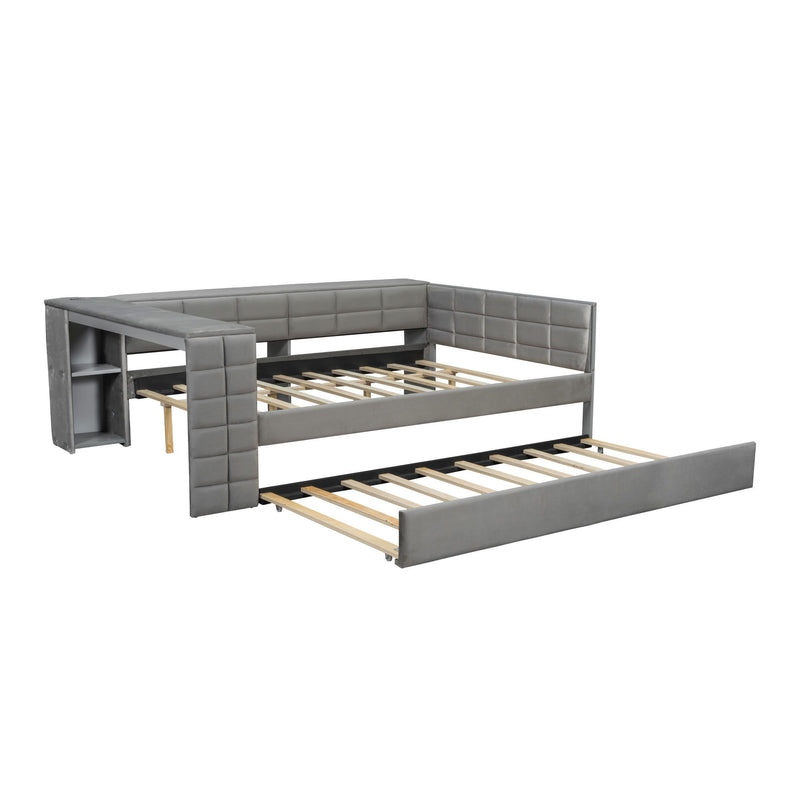 Upholstered Platform Bed With Storage Shelves, Desk, Charging Station And Trundle