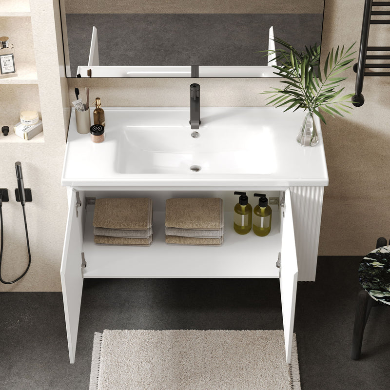 Wall Mounted Bathroom Vanity With Sink, 2 Open Shelves - White