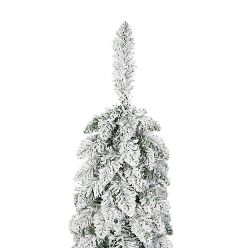 Slim Snow Flocked Pre Lit Pencil Christmas Tree, 3.9Ft / 5.9Ft / 7.9Ft With 750 Branch Tips, 480 LED Lights, Warm Glow, For Indoor Holiday Decor - White