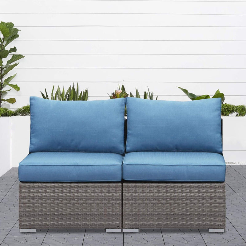 Armless Patio Sofa Set, With UV Resistant Frame And Waterproof Cushions - Blue / Brown