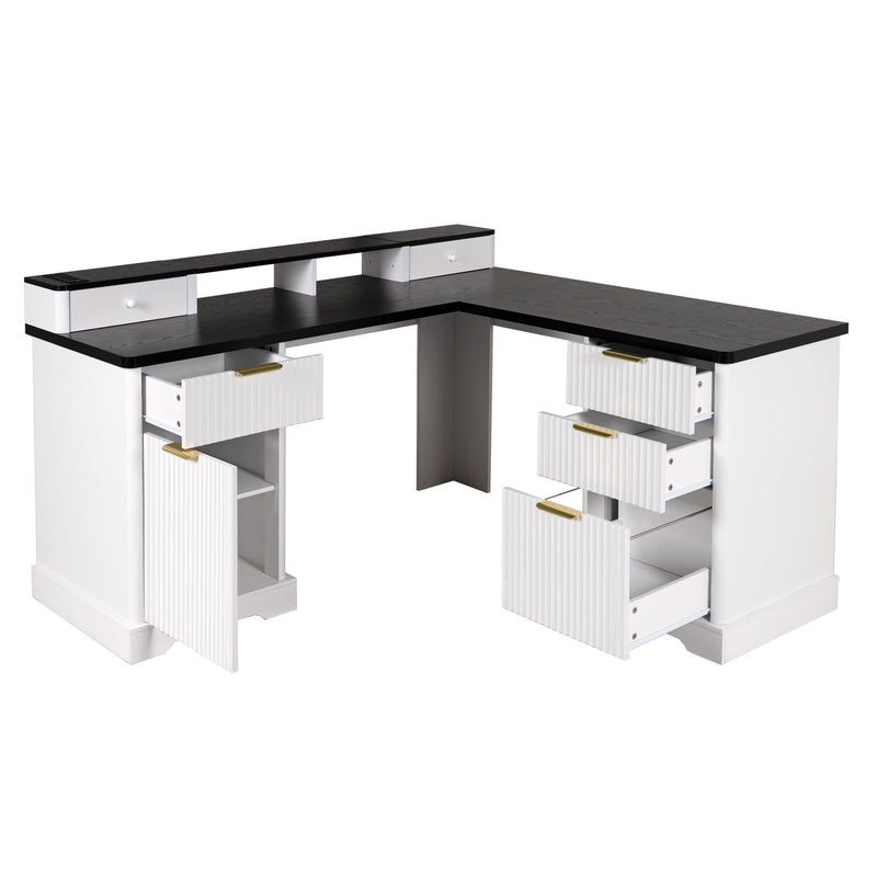 Fluted L-Shaped Desk With Charging Station & Storage Cabinet