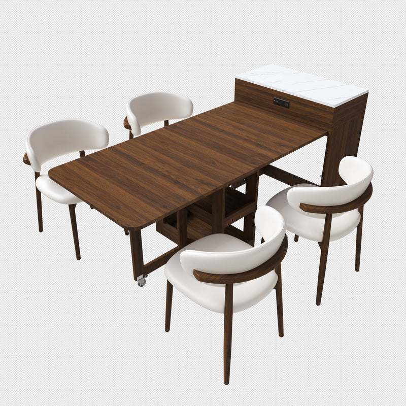 Extendable Dining Table With Power Socket, Lockable Casters, Storage Cabinet