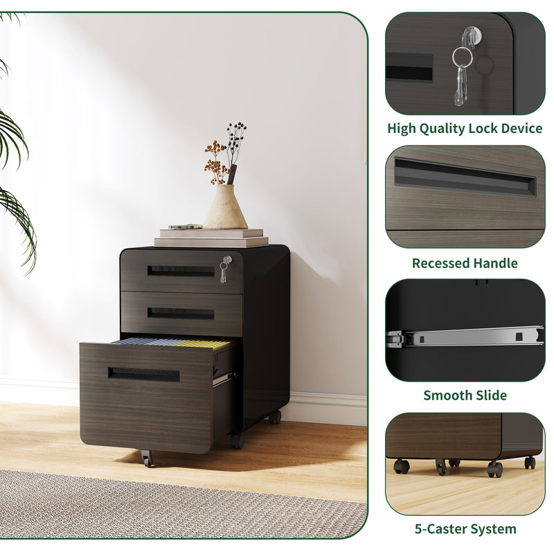 3-Drawer Mobile File Cabinet With Lock, On Casters, Holds A4/Letter Files
