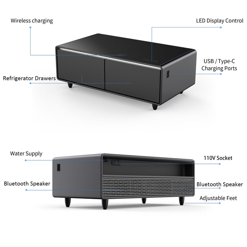 Modern Smart Coffee Table With Built-In Fridge, tooth Speaker, Wireless Charging Module, Touch Control Panel, Power Socket, USB Interface, Outlet Protection, Atmosphere Light