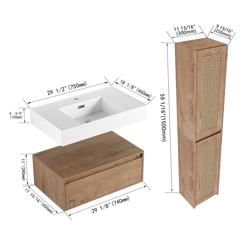 Modern Imitative Wall Mounted Bathroom Vanity With Resin Sink & 2 Side Cabinet, Soft Close Drawer - Imitative Oak
