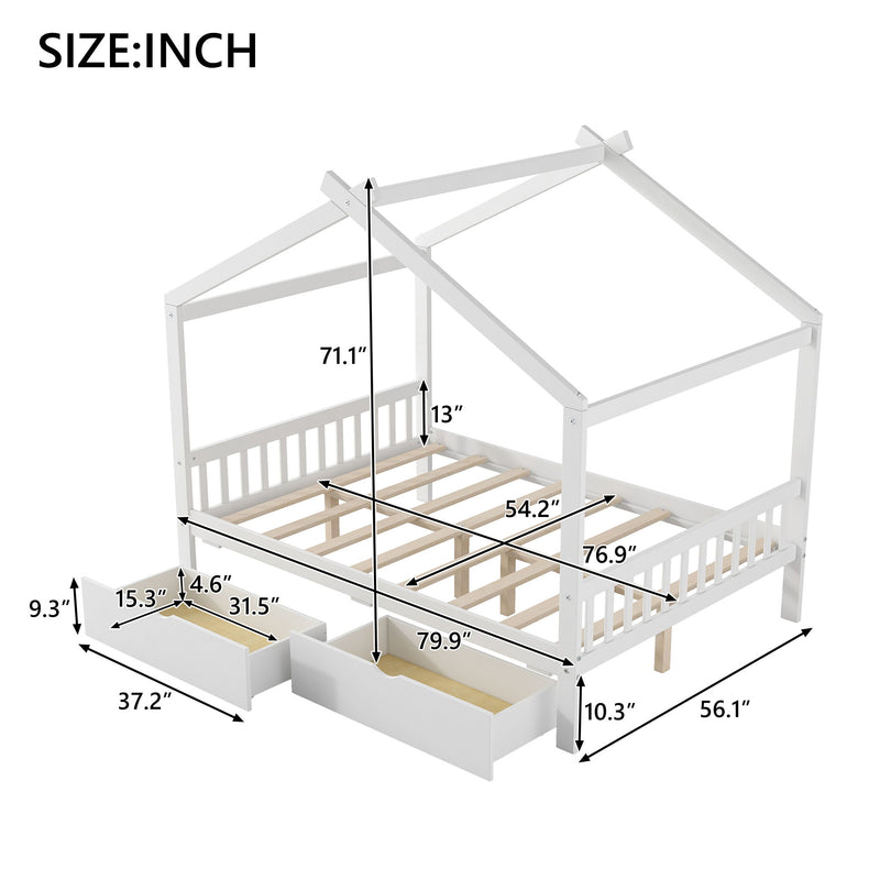 House Style Platform Bed With Headboard, Footboard, 2 Drawers, And Roof Design