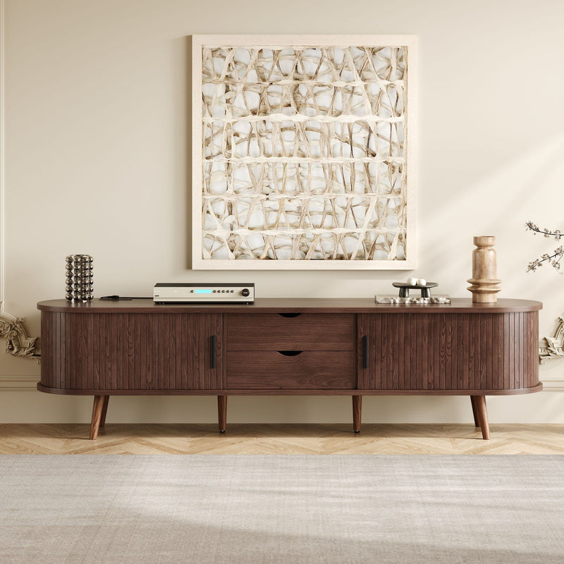 TV Stand For 70" TV, Console With Tambour Doors, Drawers And Built In Power Outlet - Dark Brown