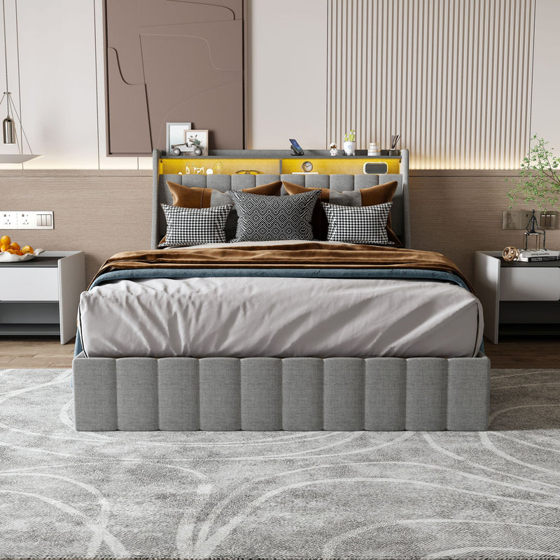 Queen Size Bed Frame With LED Lighting, Winged Headboard With Storage Drawers - Light Gray