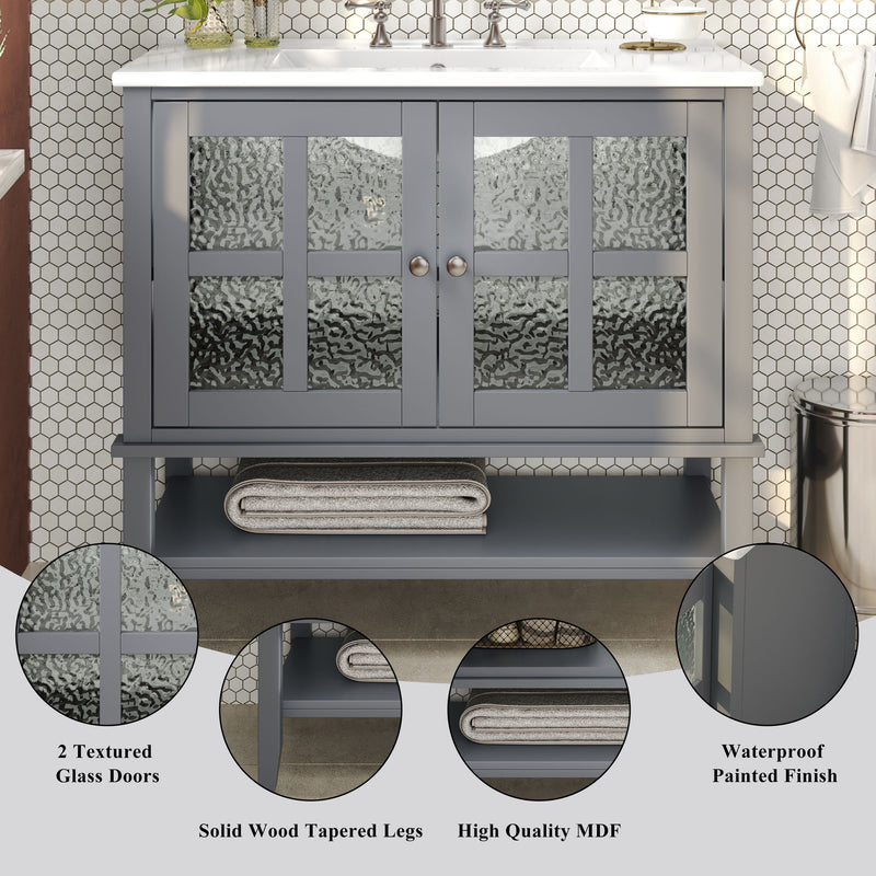 Bathroom Vanity With Ceramic Sink, Adjustable & Open Shelf