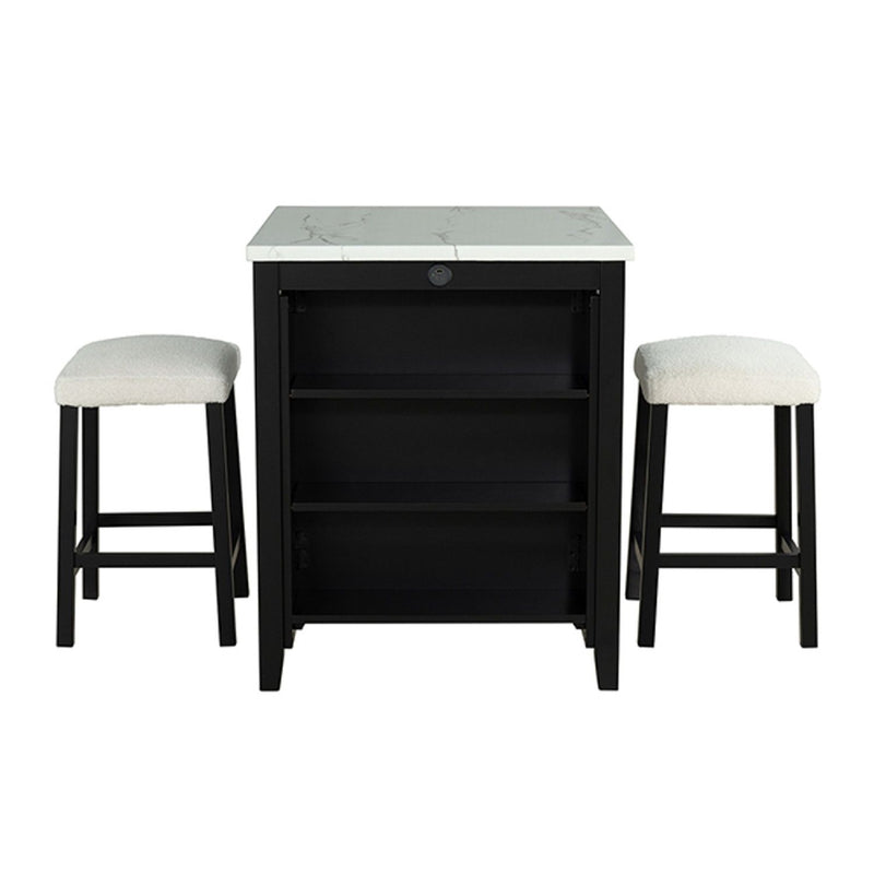Dining Table Set With Storage Shelves, 3 Piece With 2 Stools - Black / Ivory / White