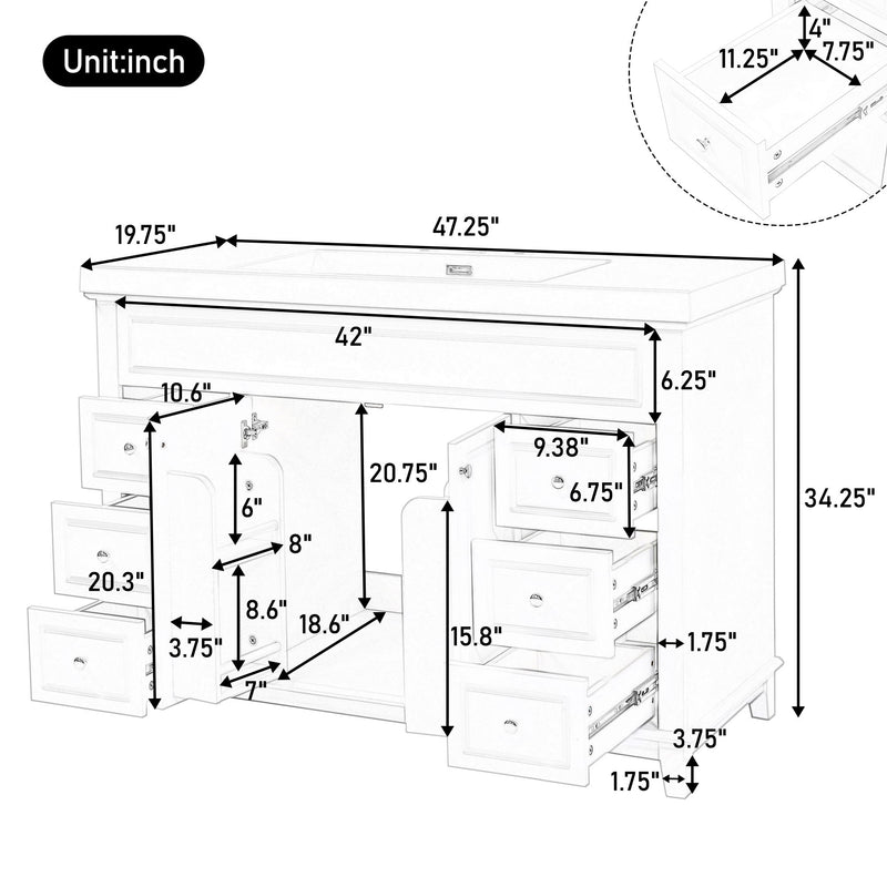 Bathroom Vanity With Sink, 6 Soft Close Drawers & Double Doors - White