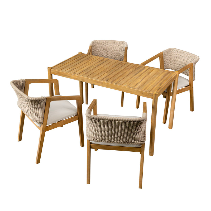 Outdoor Dining Set 1 Table 4 Chairs (Set of 5) - Teak / Beige
