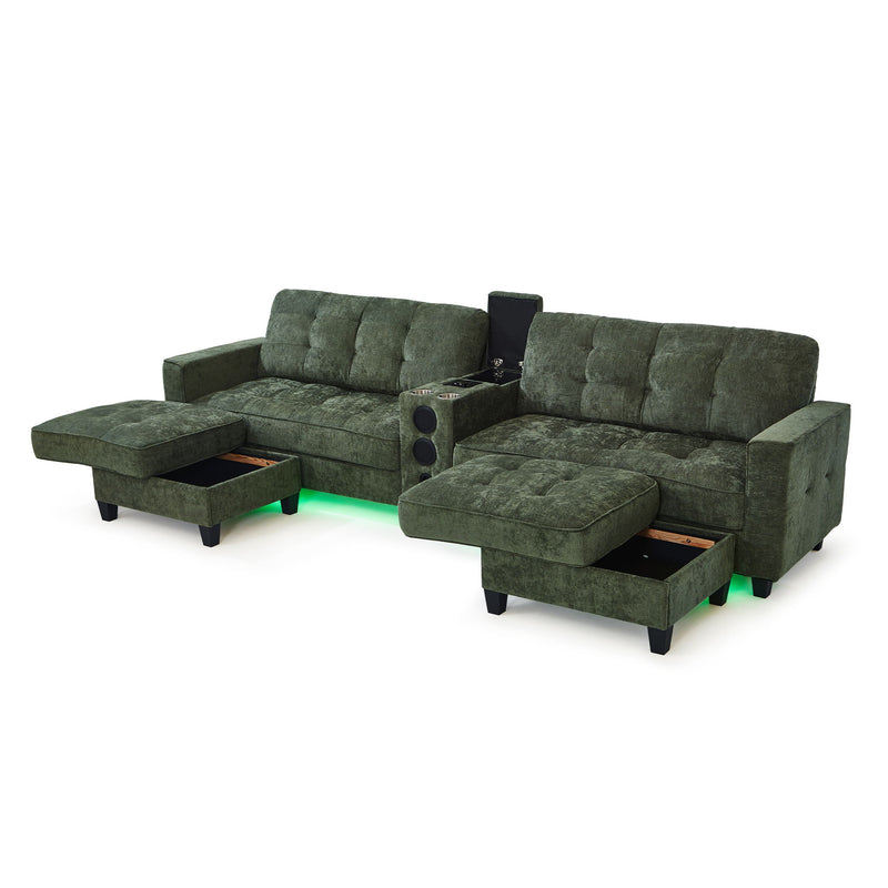 Modern Sectional Sofa U-Shaped With Movable Ottomans, tooth Speakers, LED Lights And Modular Storage
