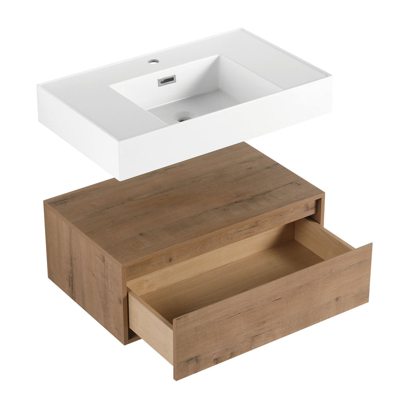 Modern Wall Mounted 30 Inch Bathroom Vanity With Resin Sink And 2 Side Cabinet - Imitative Oak