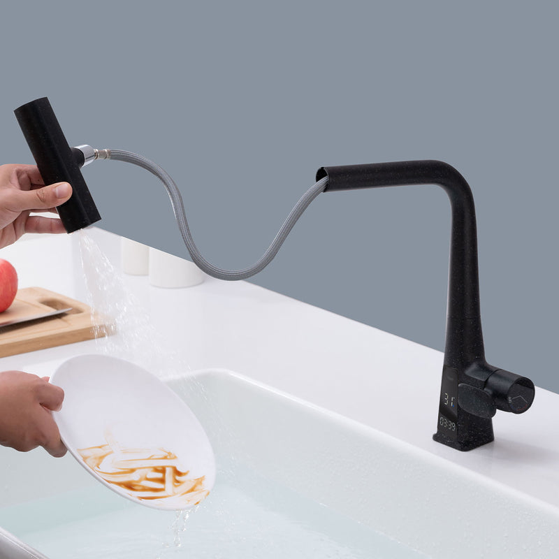 Waterfall Kitchen Faucet With Temperature Display And Pull Down Sprayer