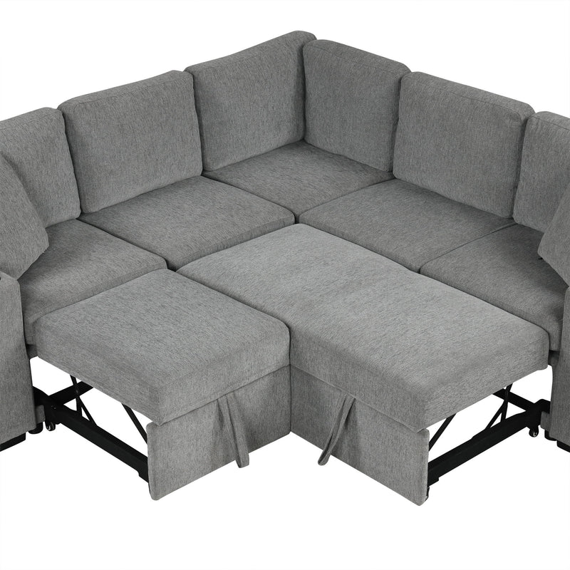 Sectional Sofa Convertible Pull-Out Bed With Storage Ottoman & USB Ports