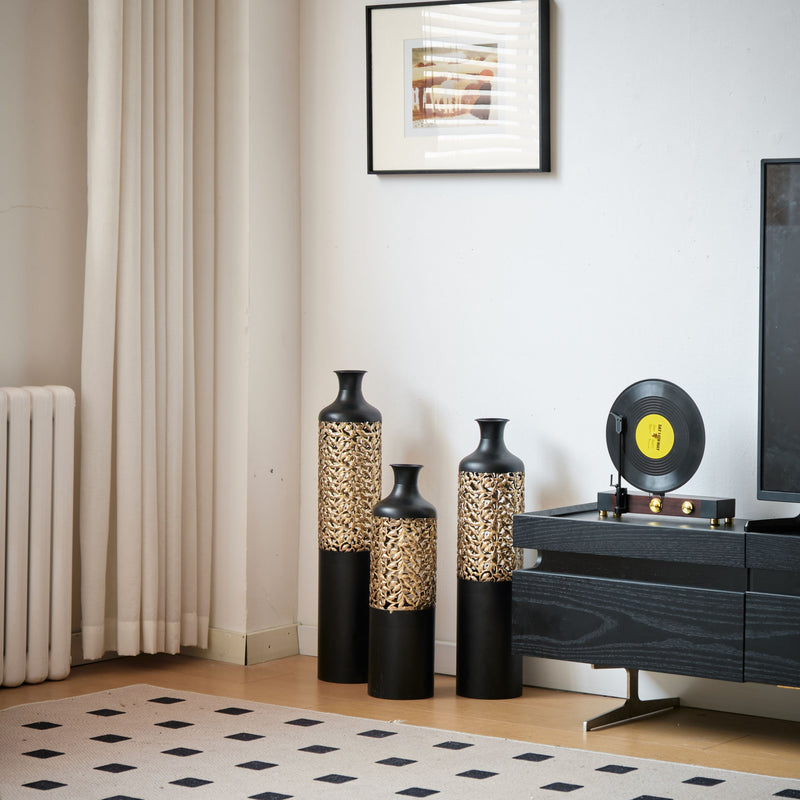 Floor Metal Vases Decorated Metal Vases (Set of 3) Gorgeous Home Decoration Large Glazed Metal Vases - Black / Gold