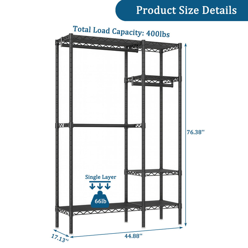 Freestanding Clothes Rack, With 6 Adjustable Wire Shelves And 3 Garment Rails - Black