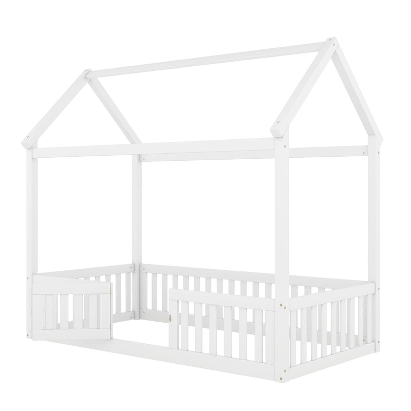 Wood House Bed With Fence And Door