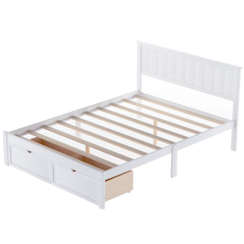 Full Size Platform Bed With Under Bed Drawers - White