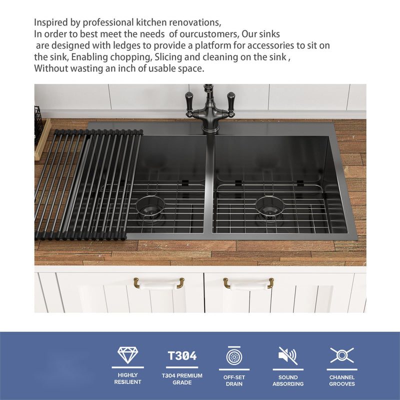 Double Bowl Drop In Kitchen Sink, 16 Gauge Stainless Steel With 2 9" Deep Basins - Gunmetal Black