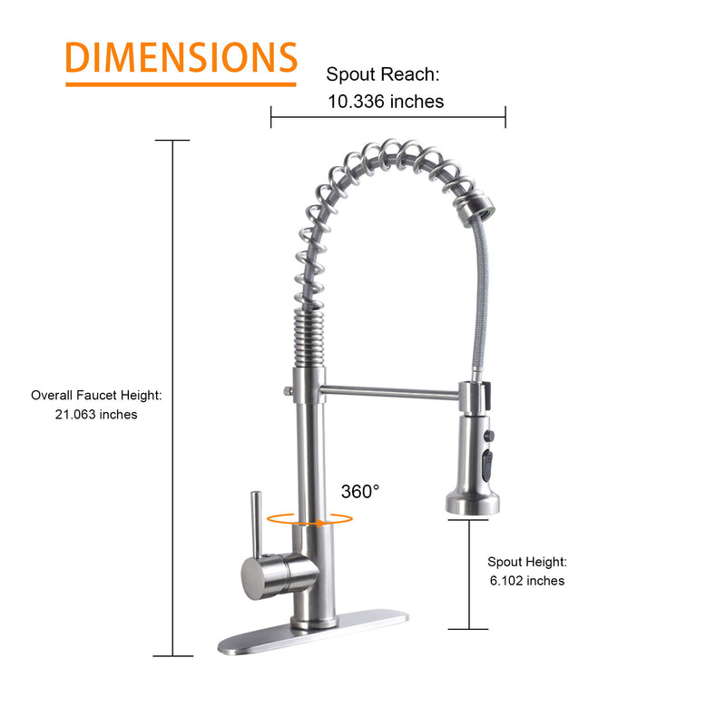 21" Commercial Kitchen Faucet With Dual Function Pull Down Sprayhead In, Stainless Steel - Brushed Nickel