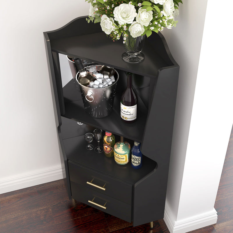 Corner Bar Cabinet With Mirrored Back, 2 Open Shelves & 2 Drawers, High Legs For Easy Cleaning