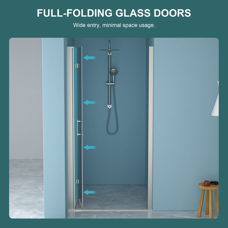 Bi Fold Frameless Shower Door With Tempered Glass - Brushed Silver
