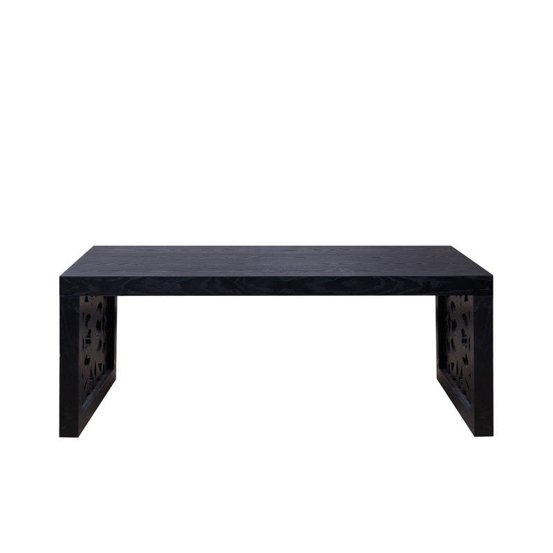 Rustic Carved Wood Coffee Table, Handcrafted Look With Ornate Side Panels