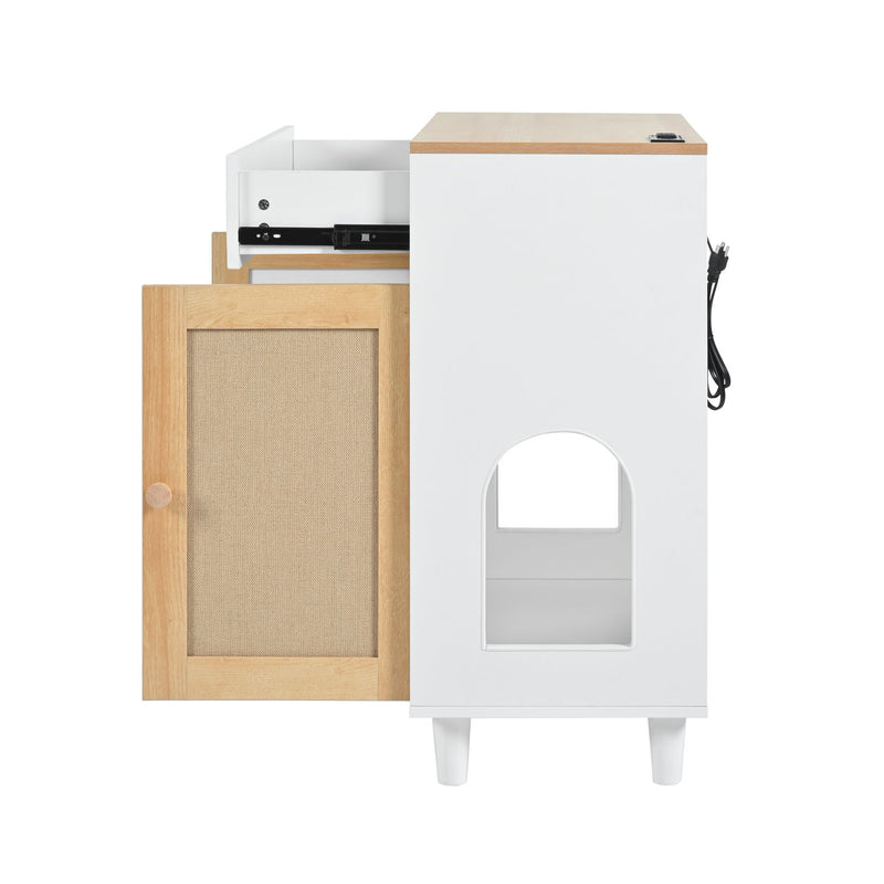 Pet Friendly Furniture Style Cat Litter Box House With Sisal Scratching Door And Charging Socket - Beige / White