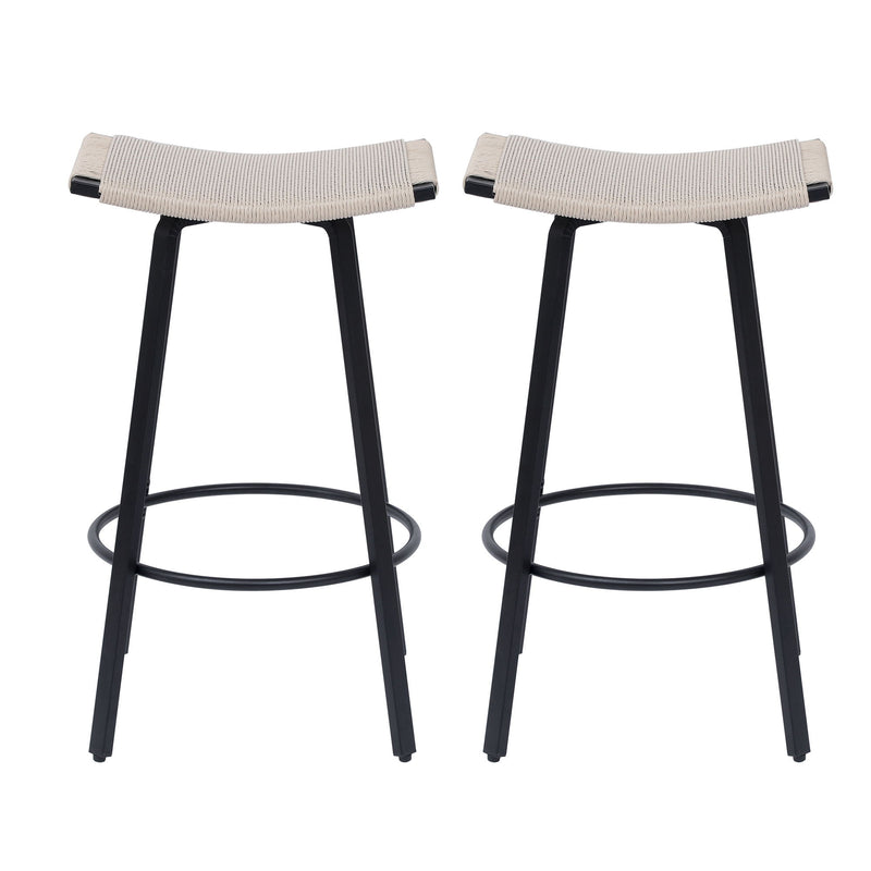 Counter Height Bar Stools Backless Handwoven Kitchen Dining Chairs With Round Footrest (Set of 2) Weaving Pub Stoo - Creamy White