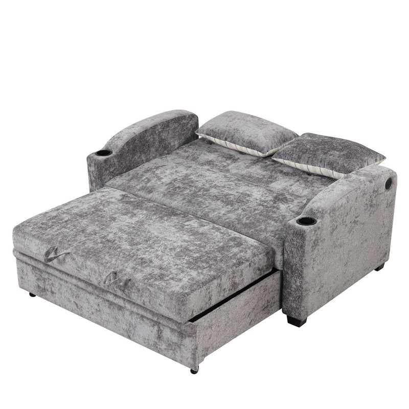 Pull Out Loveseat Sofa With Adjsutable Backrest, 2 Pillows, Cup Holders, USB Ports For Living Room