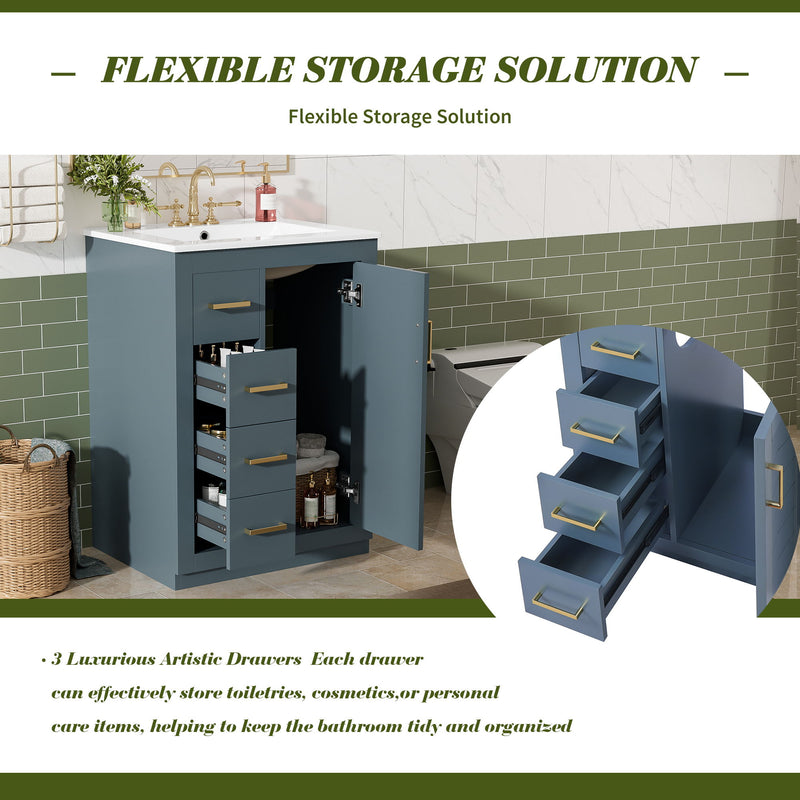Bathroom Vanity With Integrated Sink, Rectangular Cabinet With 1 Door And 3 Drawers