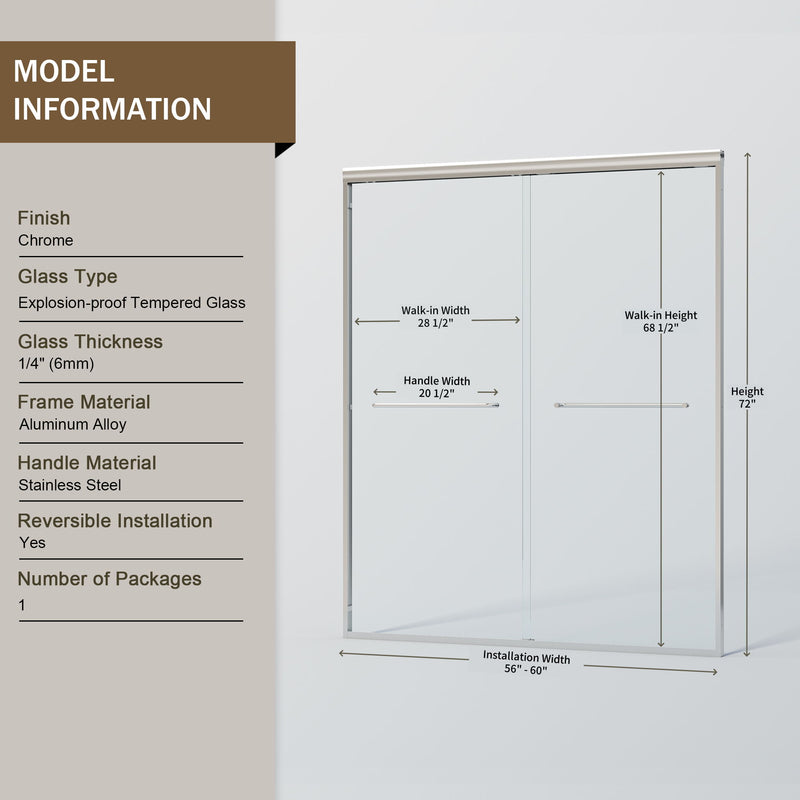Double Sliding Shower Door, Semi-Frameless Bypass Bathroom Sliding Door With 1/4" (6 Mm) Tempered Glass For Walk-In Shower