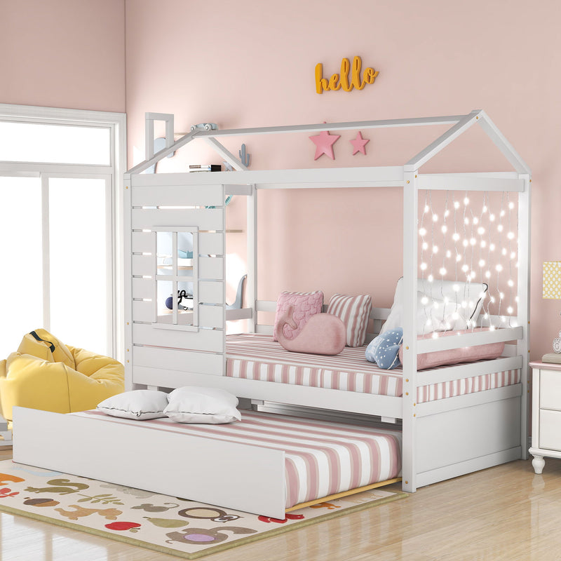 Twin Size Classic House Bed With Twin Size Trundle - White