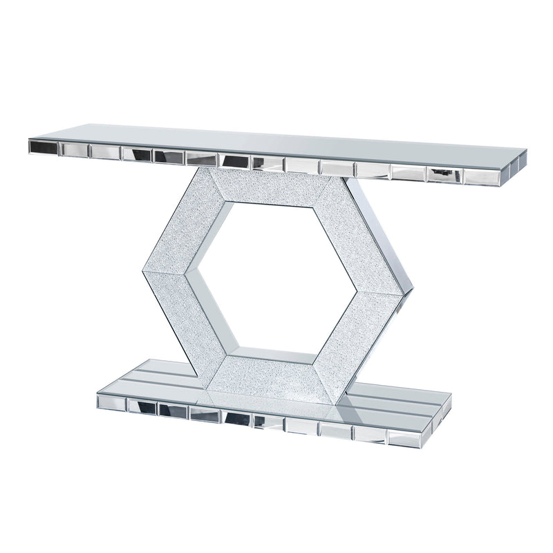 Sparkling Crystal Hexagon Mirror Entryway Premium Modern Foyer Console Table With Diamond Glass Effects, Dual Tier Luxury Sofa Table - Silver