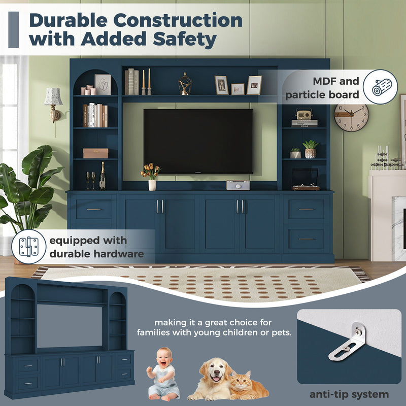 Arched Entertainment Center Wall Unit With Drawers With Adjustable Shelves For Living Room - Blue