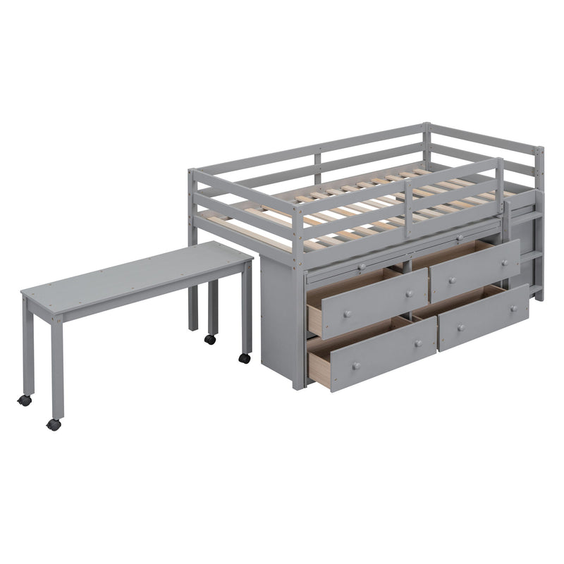 Loft Bed With Retractable Writing Desk And 4 Drawers, With Lateral Portable Desk And Shelves