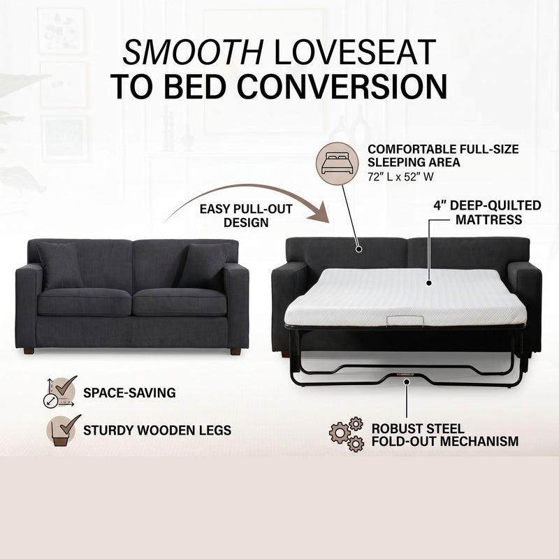Loveseat Sleeper Sofa With Full Size Pull Out Bed, 2 Seater Convertible Couch For Small Apartments - Gray