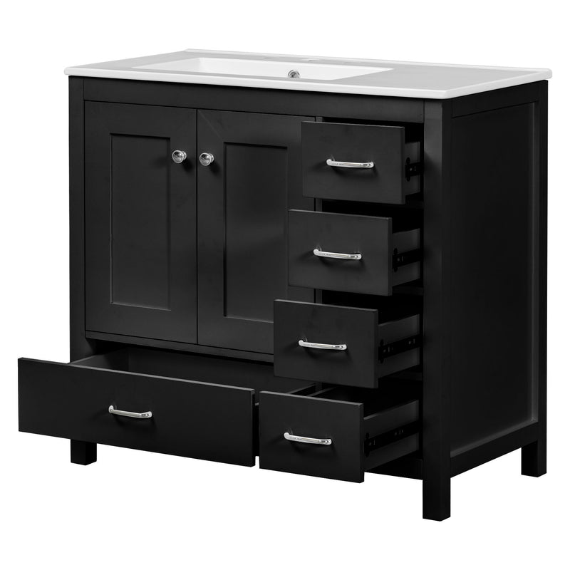 Bathroom Vanity With Ceramic Sink Combo, Abundant Storage Cabinet 2 Soft Close Doors And 5 Drawers