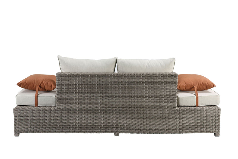 Salena - All Weather Wicker Patio Sofa & Ottoman With 2 Toss Pillows - Gray / Beige