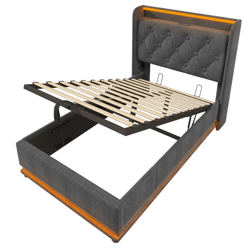 Upholstered Bed, 360 Surround LED Function, Remote Control, Hydraulic Storage Bed With USB, Type-C Charging (Without Mattress)