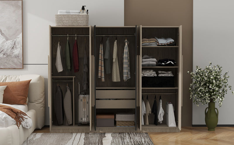 6 Doors Wardrobe Storage For Bedroom, With 2 Drawers Inside - Black / Nature