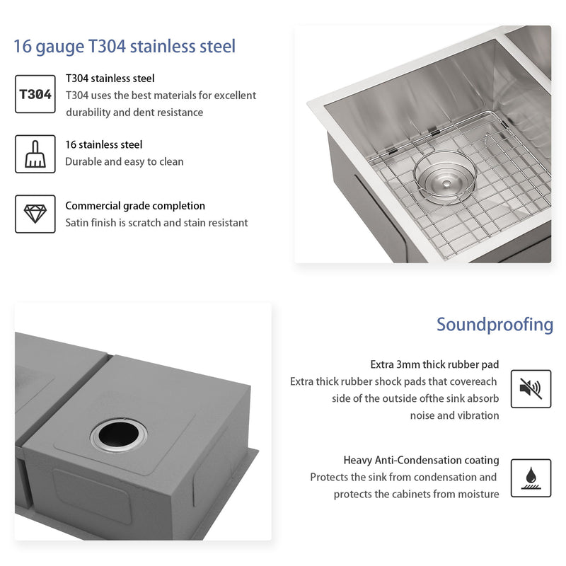 Undermount Double Bowl Kitchen Sink 16 Gauge With 9" Deep Basin - Brushed Nickel