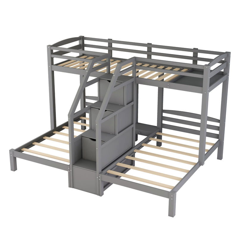 Twin Over Twin & Twin Bunk Bed With Built In Staircase And Storage Drawer - Gray