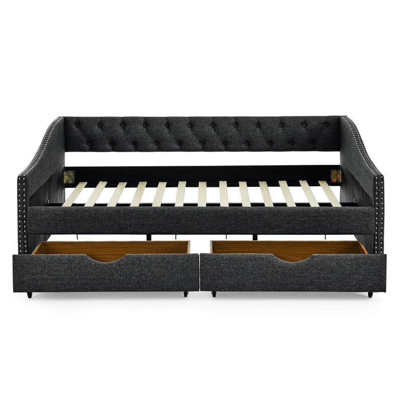 Full Size Upholstered Daybed With Tufted Back And Nail Trimmed Waved Arms - Dark Gray
