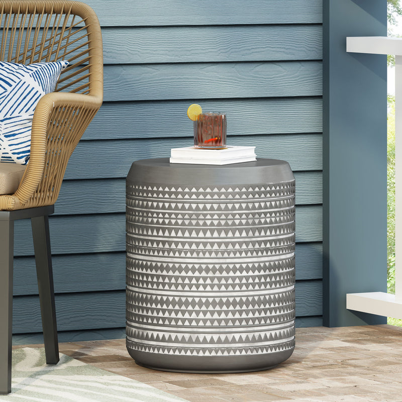 Outdoor Side Table With Cylindrical Shape - Light Gray / White